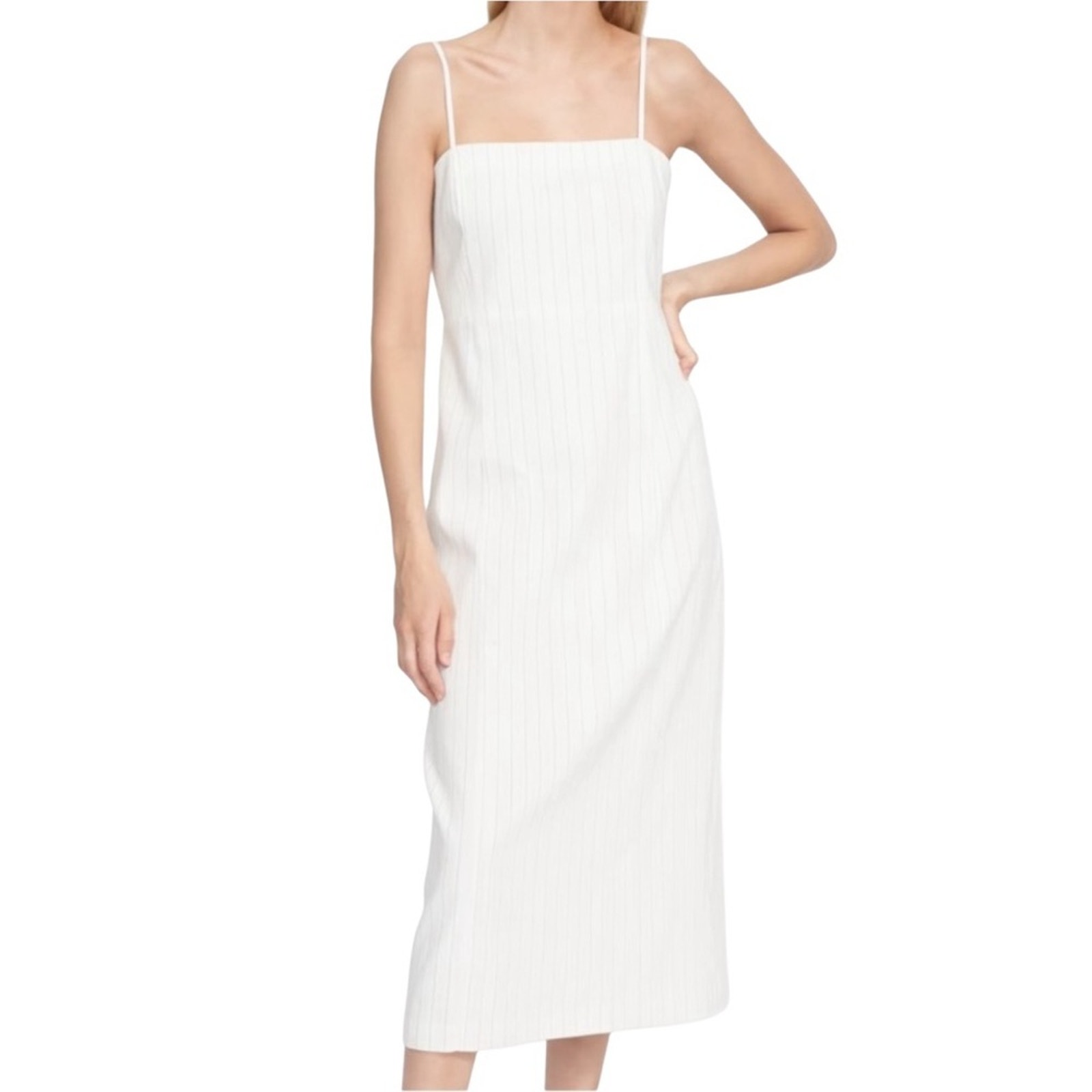 Theory Clean Strap Stripe White Linen Blend Sleeveless Midi Dress 12